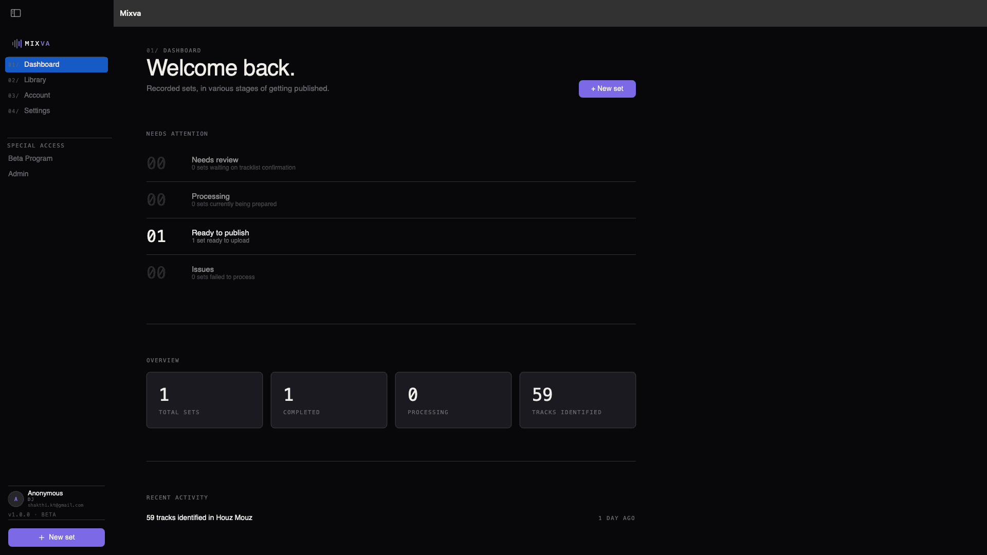 Mixva dashboard: Welcome back, sets by stage, tracks identified