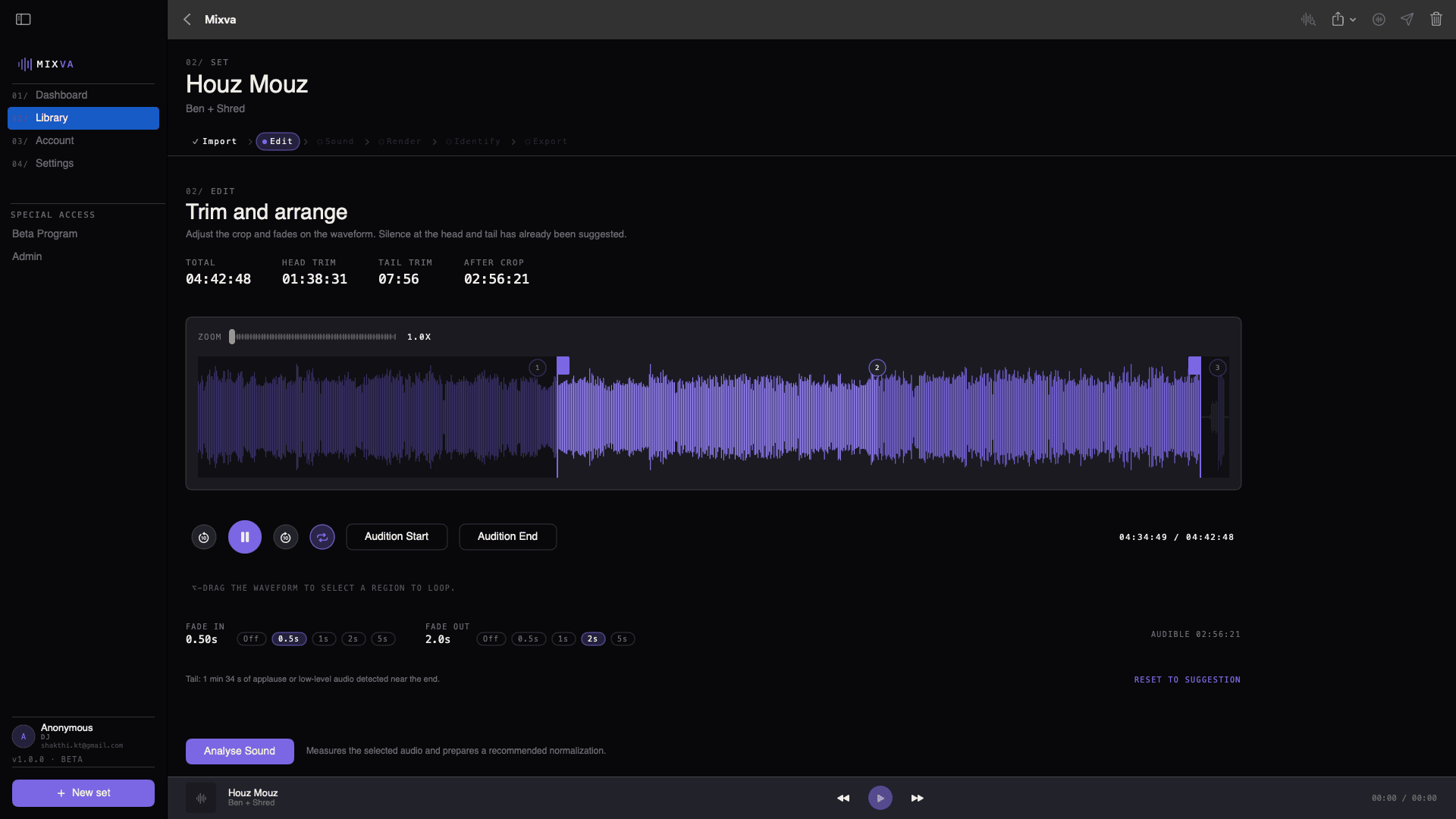 Edit stage: waveform at 3.1× zoom, fade in / fade out picker, silence-detected tail suggestion
