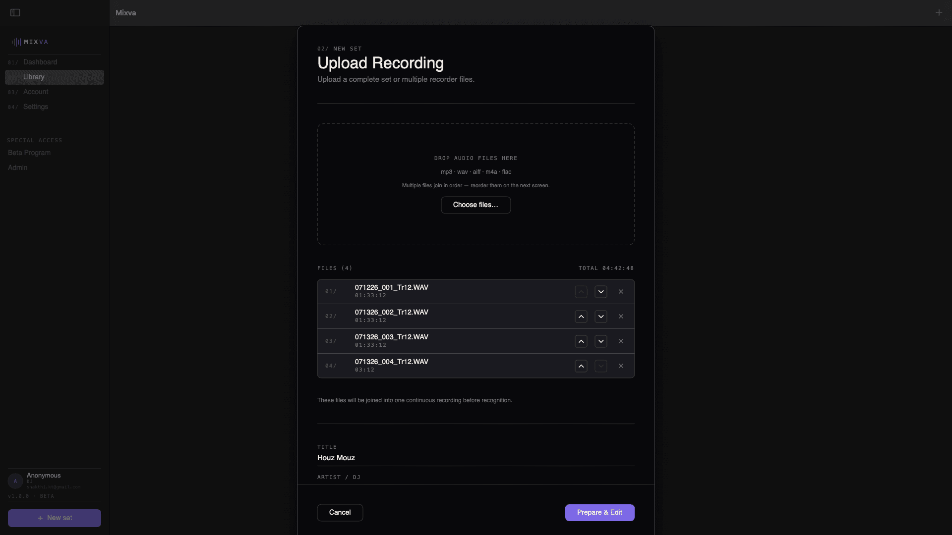 Upload Recording: drop audio files, name the set, choose an artist